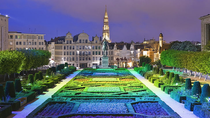 city, cityscape, Belgium, Brussels, garden, architecture, statue