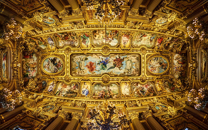 ceiling, chandeliers, columns, garnier, grand, opera, painting