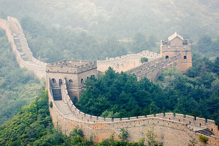 Great Wall of China, forest, trees, fog, The great wall of China, HD wallpaper