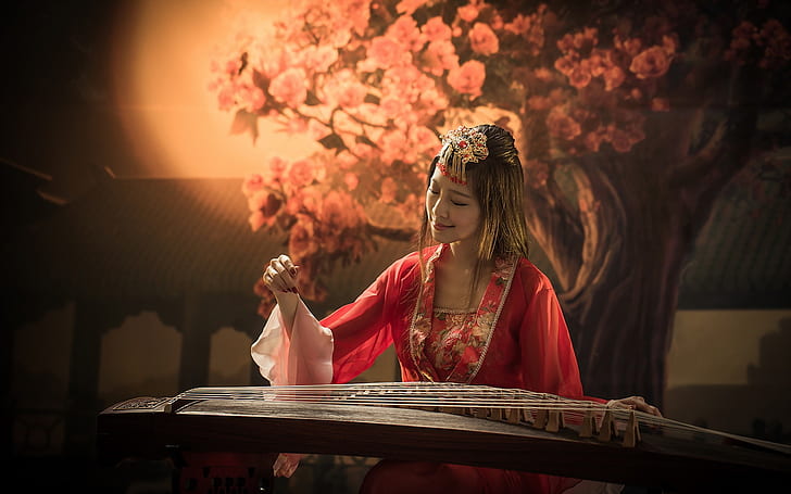 Red dress girl, asian, music, guzheng