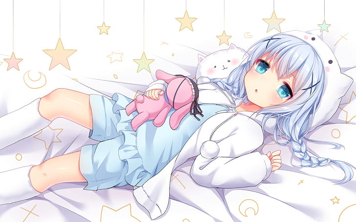 anime girls, lying down, bed, stars, teddy bears, pyjamas, loli, HD wallpaper