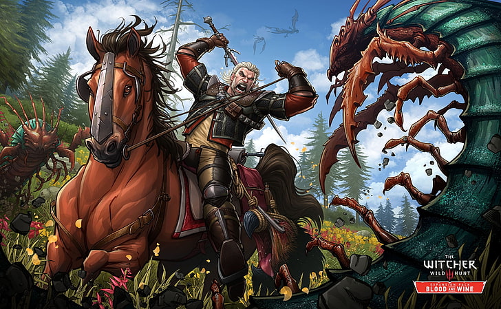 attack, horse, sword, the Witcher, art, Gwynbleidd, Patrick Brown, HD wallpaper