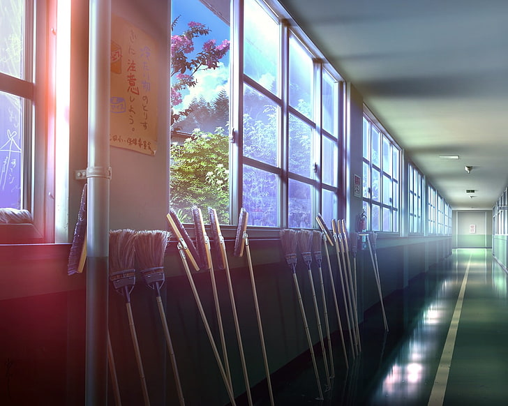 brown sticks illustration, school, broom, anime, window, rail transportation, HD wallpaper