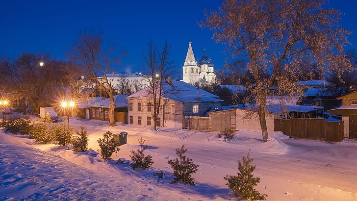 winter, snow, orthodox church, blue domes, kreml, rozhdestvenskiy sobor, HD wallpaper