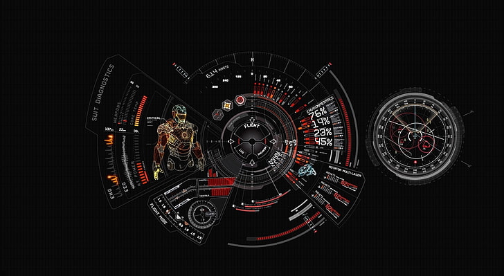 Iron Man Suit Diagnostic, Iron-Man statistics digital wallpaper