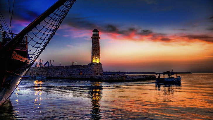 sky, tower, sea, sunset, lighthouse, evening, dusk, rethymno, HD wallpaper