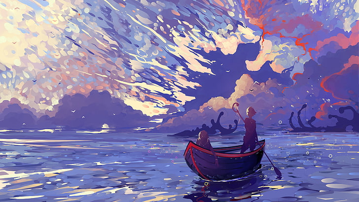 two person in boat painting, digital art, artwork, sky, illustration