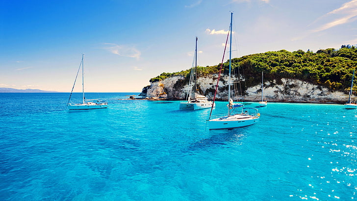 coast, paxos, greece, paxi island, tourism, boat, bay, lagoon, HD wallpaper