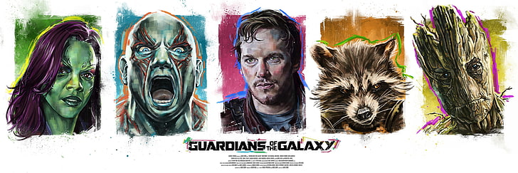 Guardians of the Galaxy illustration, Rocket, Star-Lord, Gamora