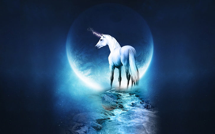 white unicorn graphic wallpaper, unicorns, blue, nature, water, HD wallpaper