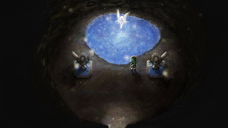 two gray fairy statues, The Legend of Zelda, Link, indoors, blue