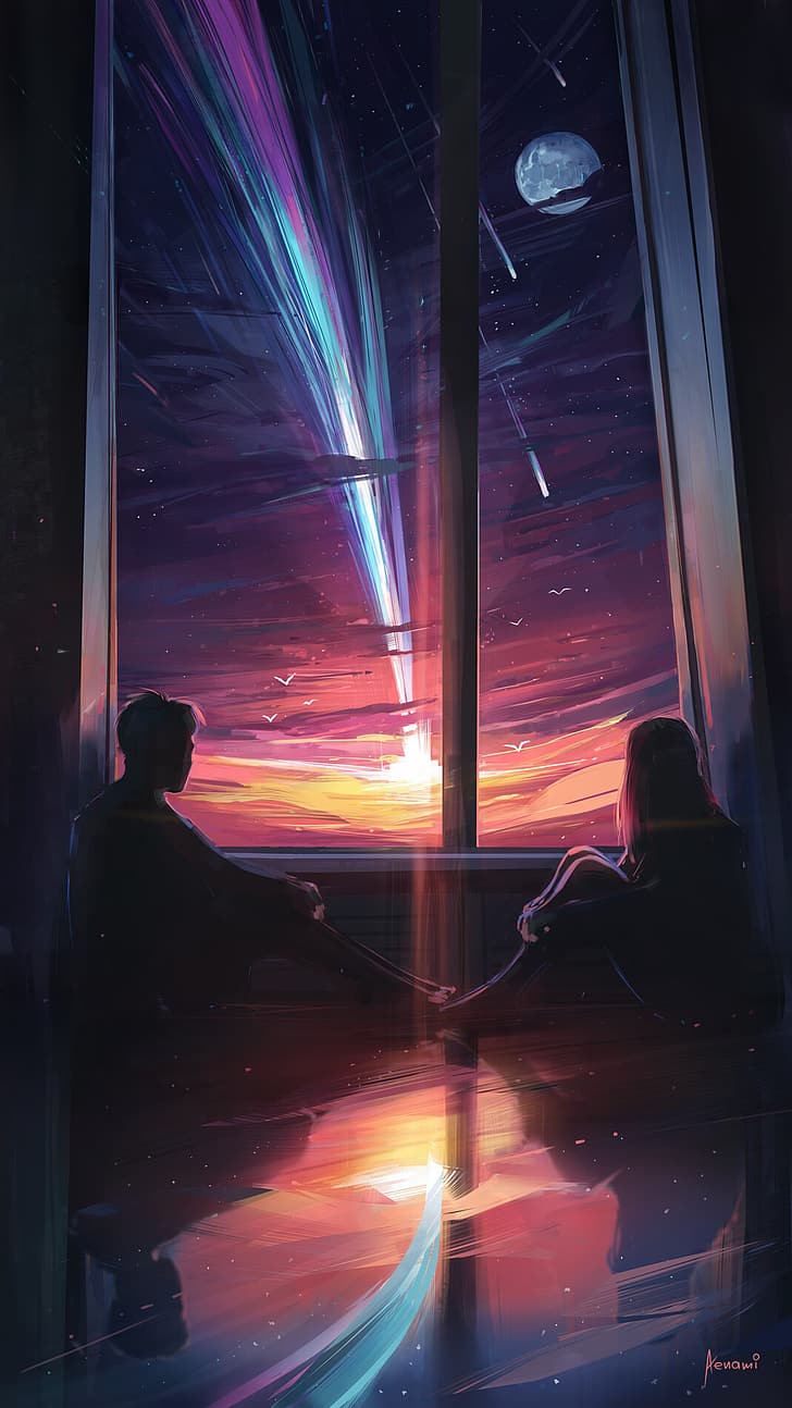 Aenami, digital art, shooting stars, Moon, sky, couple, window