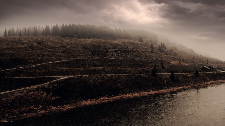 hill, nature, sky, clouds, fall, dark, river, lake, water, trees