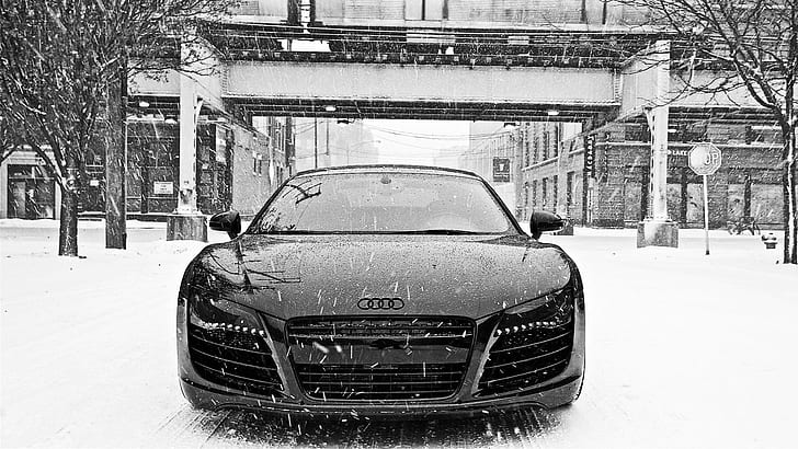 Black and White Audi R8 in Snow HD, front view, winter, HD wallpaper