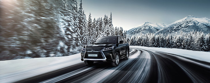 black Lexus SUV, winter, road, speed, LX 570, car, snow, nature