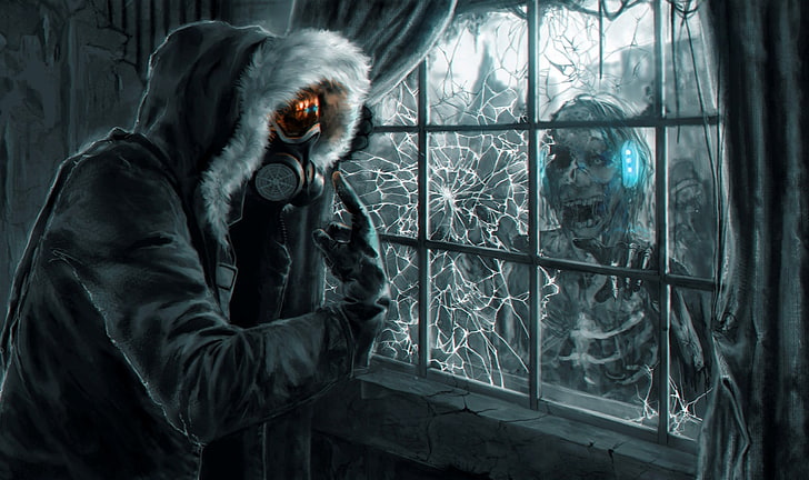 person wearing gas mask and parka jacket illustration, art, Romance of the Apocalypse, HD wallpaper