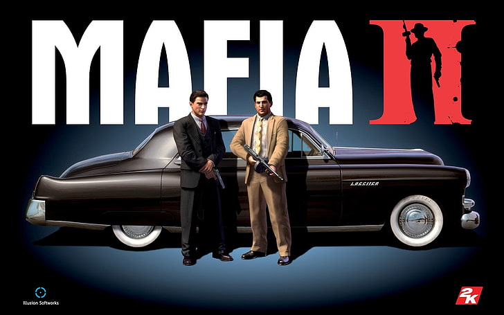 Mafia II game poster, mafia 2, car, gun, suits, men, people, illustration, HD wallpaper