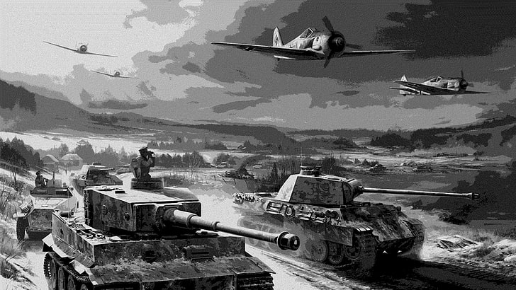 grayscale photo of fighter planes and battle tanks, Focke-Wulf Fw 190