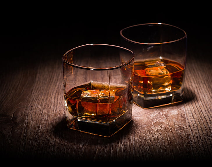 two clear shots glasses, ice, whiskey, a glass of whiskey, bourbon Whisky, HD wallpaper