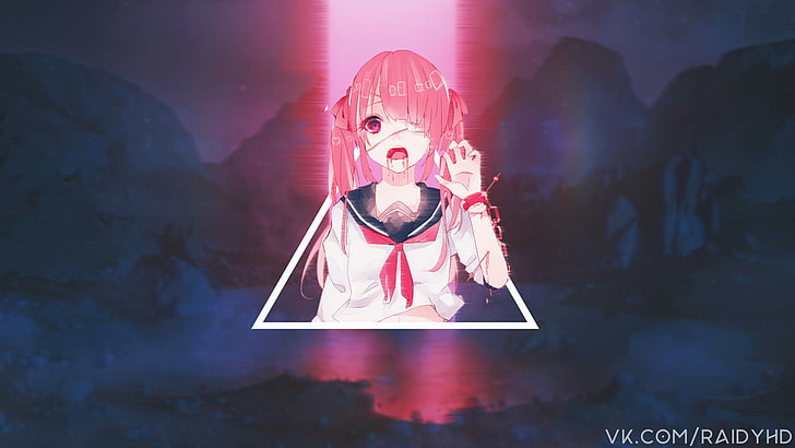 anime, anime girls, glitch art, picture-in-picture, front view