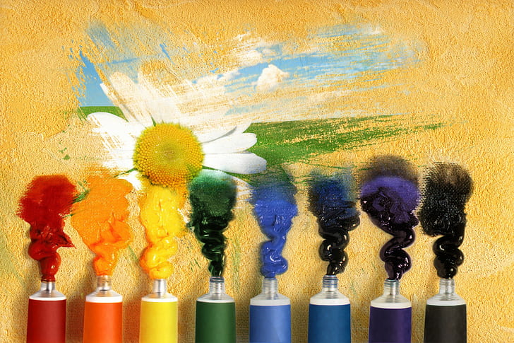 Paint mood, gouache, tubes, flower, pattern, background, widescreen