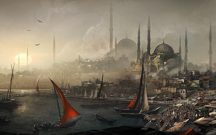 white and red sailboat, mosque, Istanbul, Turkey, Assassin's Creed: Revelations, HD wallpaper
