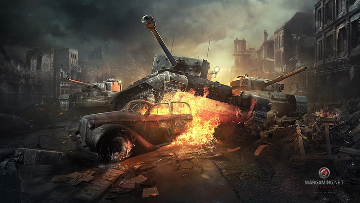 gray battle tanks illustration, the city, flame, war, smoke, the British HD wallpaper