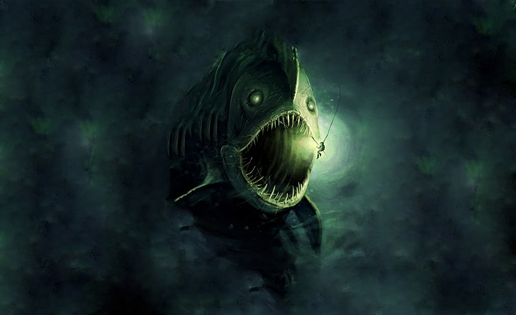 Fish Monster, green sea monster illustration, Artistic, Fantasy