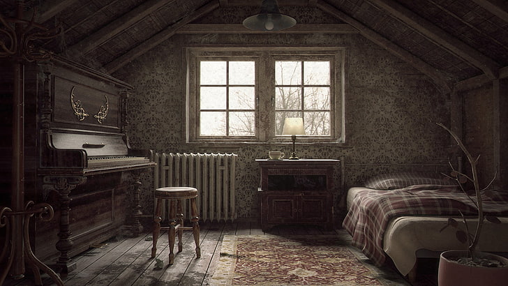 art, piano, attic, Vitaliy Koshevyy, An abandoned Attic, HD wallpaper