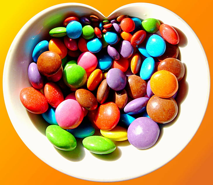 white heart shape ceramic bowl with candies, Smarties, orange, HD wallpaper