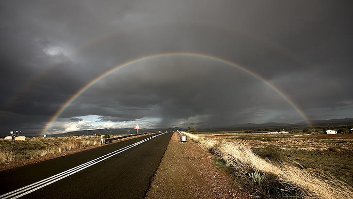rainbow, road, steppe, asphalt, HD wallpaper