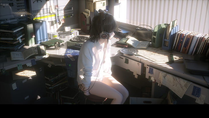women's white dress shirt, anime girls, novelance, cropped, headsets