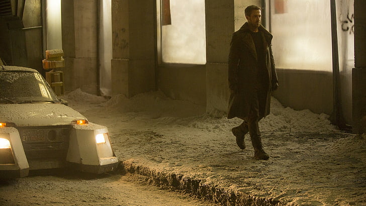 man in brown overcoat walking on road with snow, Blade Runner 2049