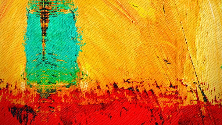 artwork, red, turquoise, yellow, abstract, texture, HD wallpaper