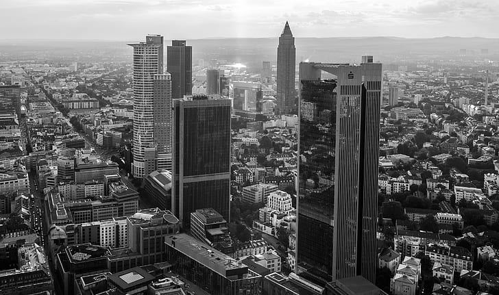 greyscale of concrete buildings, light, Frankfurt, skyline, architecture