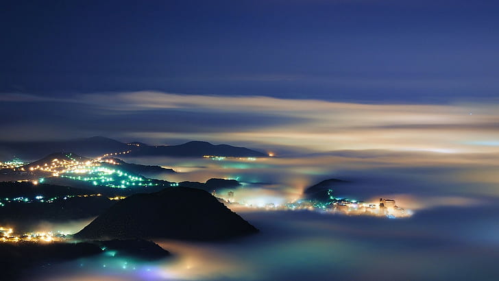 mountains, landscape, Taipei, nature, lights, city, mist, evening