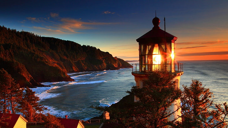 lighthouse near ocean during golden hour, sunset, cliff, landscape, HD wallpaper