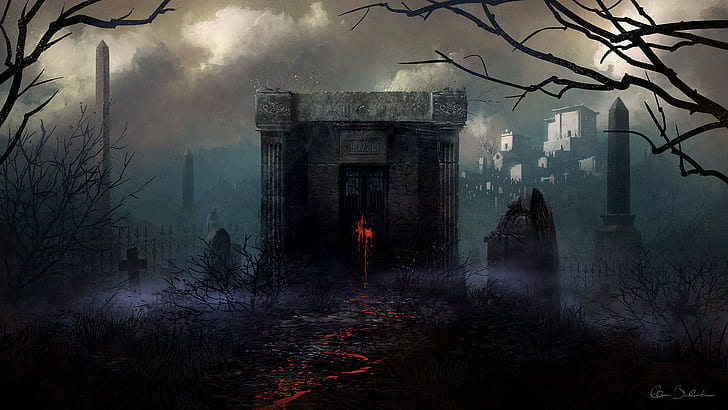Mausoleum Cemetery Tombstones Halloween HD, fantasy, HD wallpaper