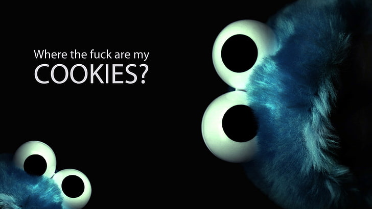 Cookie Monster, typography, humor, fictional creatures, dark background