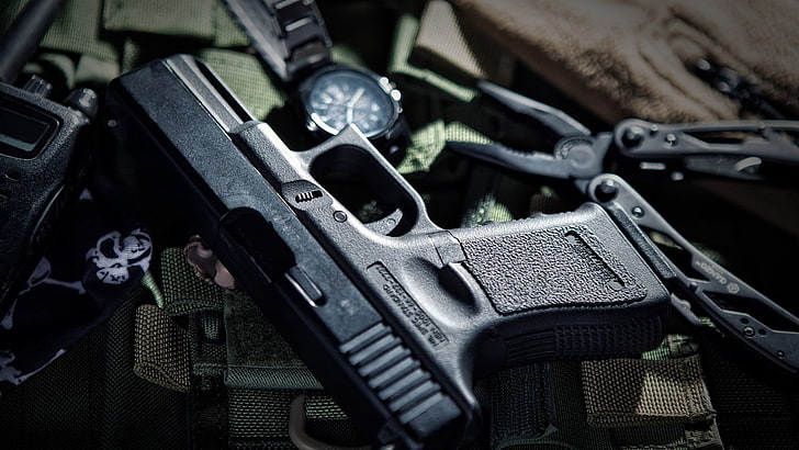 black semi-automatic pistol, Glock, gun, military, weapon, communication, HD wallpaper