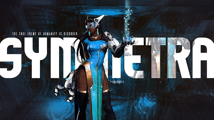 Symetra illustration, Symmetra (Overwatch), text, standing, one person
