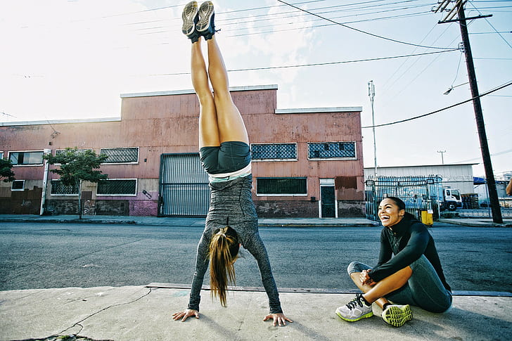 athletes, working out, street, women, handstand