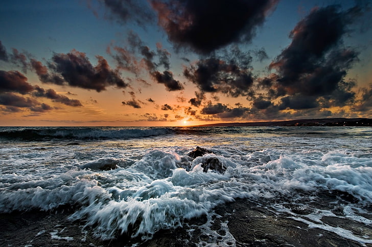 water waves, landscape, sky, sea, beach, clouds, sunset, motion, HD wallpaper