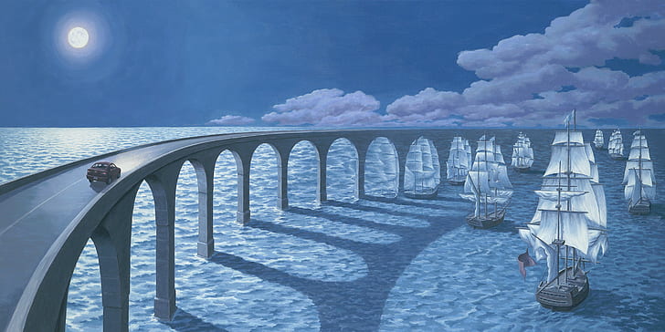 Arch, artwork, bridge, car, clouds, digital art, drawing, Horizon