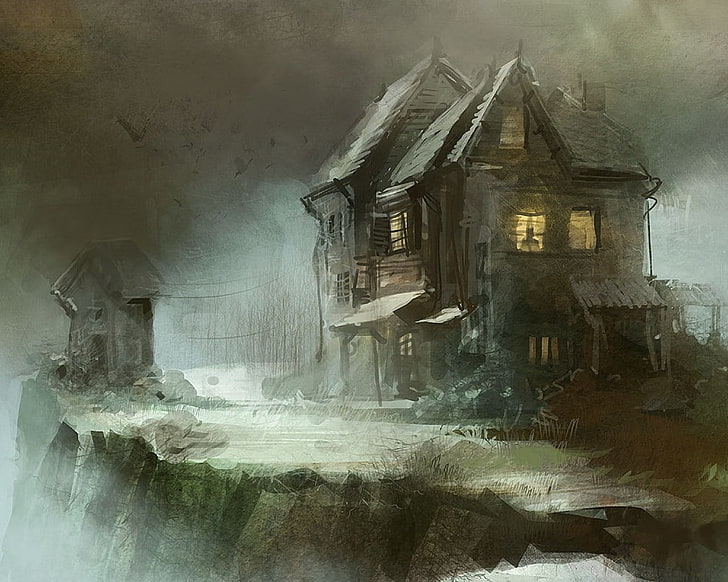 gray house painting, fantasy art, spooky, architecture, building