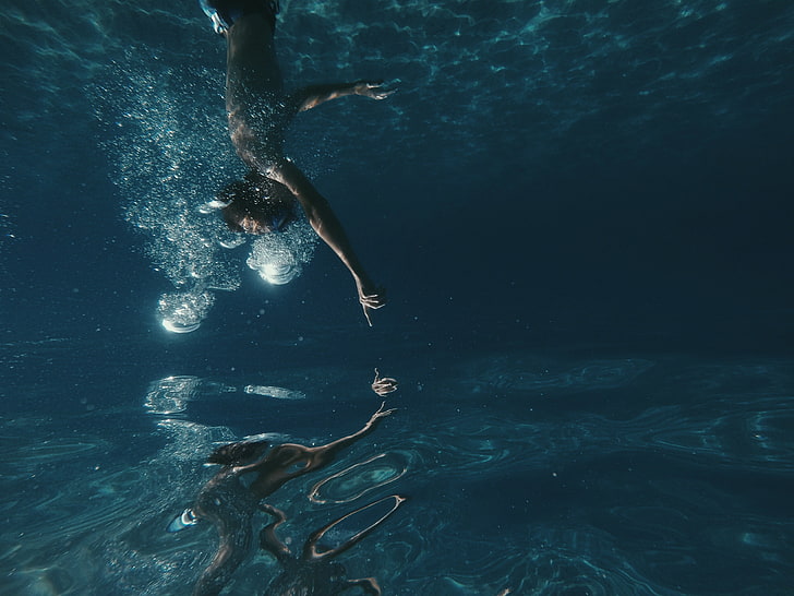 black diving goggles, underwater, bubbles, nature, sea, undersea, HD wallpaper