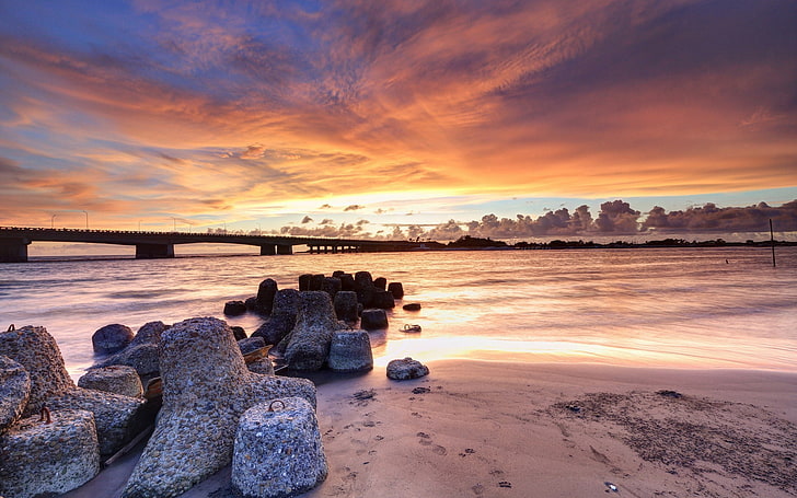landscape, sunset, coast, rock, water, sea, sky, cloud - sky, HD wallpaper