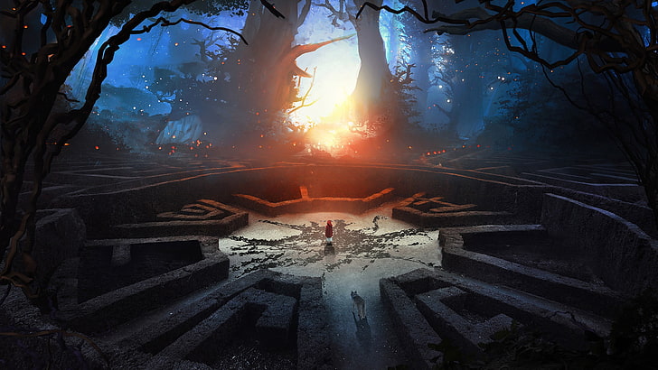 bare trees wallpaper, 3D Abstract, labyrinth, digital art, forest