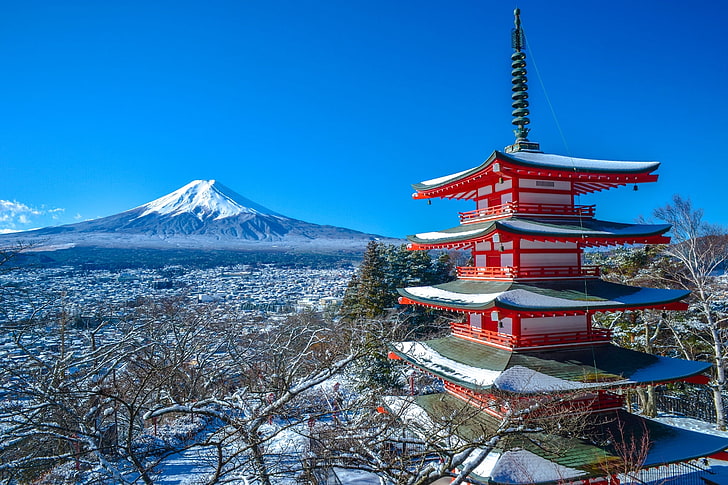 white and red temple, winter, mountain, the volcano, Japan, Fuji, HD wallpaper