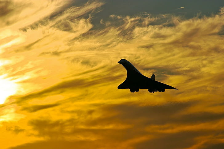 Concorde, aircraft, sky, jets, silhouette, clouds, flying, photography
